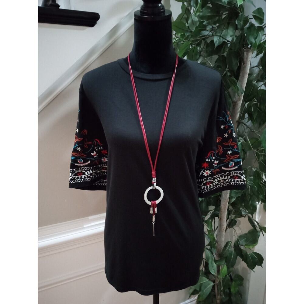 SHEIN Curve Womens Black Embroidered Round Neck Short Sleeve Top Blouse Size 1XL